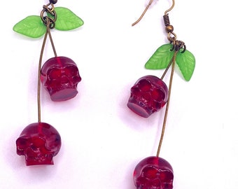 Halloween Earrings, Spooky, Punky, Jewellery, Skull, Cherry, Fun, Statement, Quirky, Girly, Harajuku, Skeleton, Gothic, Dead, Fossil