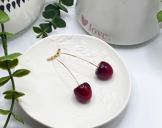 Vintage, Cherry, Fruit Earrings, Jewellery, Pair, Women's, Dark Red, Statement, Cute, Rockabilly, 50's, Gift,Drop, Summer, Resin, Dangle