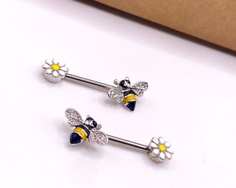 A29 Daisy Bee Bumble Flower Nipple Bar Piercing Cute Surgical Steel Jewellery 316l