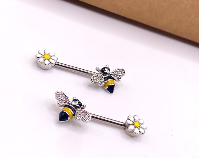 A29 Daisy Bee Bumble Flower Nipple Bar Piercing Cute Surgical Steel Jewellery 316l