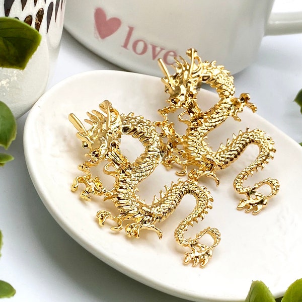 Ladies Jewellery Gold Dragon Chinese Earrings Oriental Statement