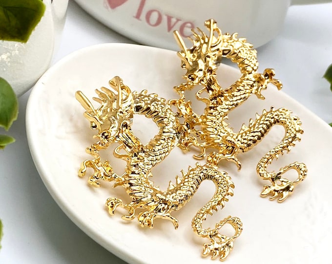 Ladies Jewellery Gold Dragon Chinese Earrings Oriental Statement