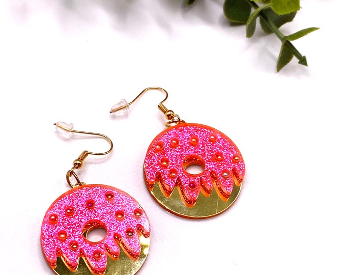 Doughnut Pink Icing Earrings Gold Sprinkles Mirror Jewellery Statement