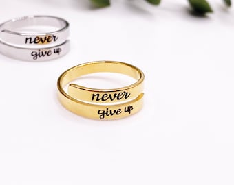 Never give up, Silver Ring, Adjustable Jewellery, Mental health, Stackable, Twist, Health, Womens Gift, Afformation Jewellery