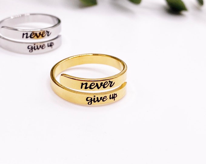 Never give up, Silver Ring, Adjustable Jewellery, Mental health, Stackable, Twist, Health, Womens Gift, Afformation Jewellery