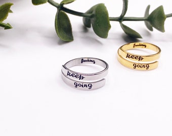 Never give up, Silver Ring, Adjustable Jewellery, Mental health, Stackable, Twist, Health, Womens Gift, Affirmation Jewellery