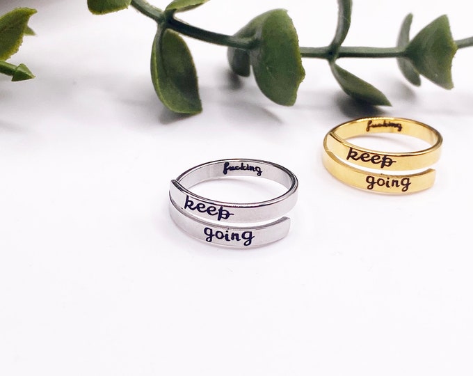 Never give up, Silver Ring, Adjustable Jewellery, Mental health, Stackable, Twist, Health, Womens Gift, Affirmation Jewellery