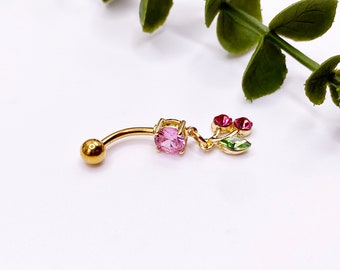 Cute Cherry Heart Navel Piercing Belly Bar Jewellery Rockabillie 50s Surgical steel 316l Gold Dangle Unique