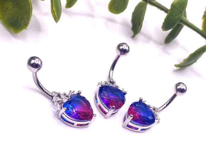 Surgical Steel, Navel Piercing, Belly Bar, Women's Jewellery, Goddess, Unique, 316l, Heart, Stone, Purple, Ombre, Dragon Stone