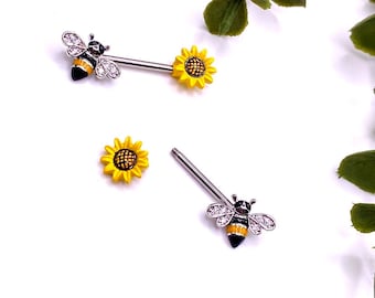 A30 Yellow Sun Flower Bumble Bee Nipple Bar Piercing Cute Surgical Steel Jewellery 316l Feminine