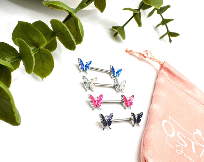 A34 Pink Butterfly Nipple Bar Piercing Cute Surgical Steel Jewellery 316l Gift Pretty Dainty