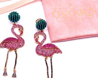 E5 Flamingo Pink Bling Statement Womens Earrings Jewellery Dangle