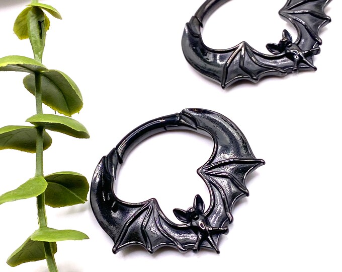 Bat, Black, Gothic, Punky, Ear Weight, Dangle, 316L Surgical Steel, Silver, Fits from size 5mm, Halloween