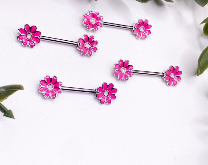 A22 Pink Daisy Flower Nipple Bar Piercing Cute Surgical Steel Jewellery 316l Jewellery