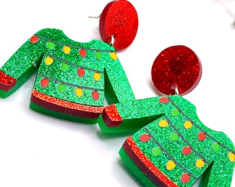 Plastic Christmas Jumper xmas earrings jewellery Santa Festive Fun Cute Jewellery Glitter