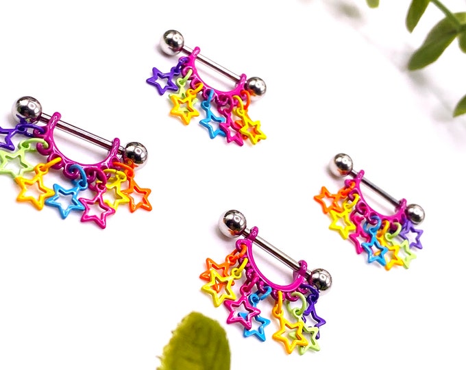 A25 Rainbow Star Nipple Bar Piercing Cute Surgical Steel Jewellery 316l Silver Pride Multi Coloured Dangle