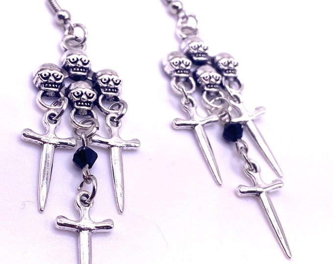 Halloween Earrings, Cross, Punky, Jewellery, Skull, Fun, Statement, Quirky, Harajuku, Skeleton, Gothic, Dead, Fossil, Black Stone