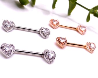 A13 Heart Bling, dimonte, 14mm Bar, Womens, Nipple, Piercing, Bar, Surgical Steal, Feminine , Gift, 316l, Jewellery
