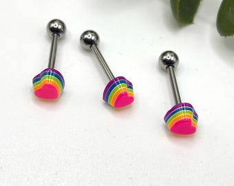 B16 Rainbow Heart Pride Tongue Bar – Surgical Steel – LGBTQ+ Body Jewellery – Ostara Jewellery
