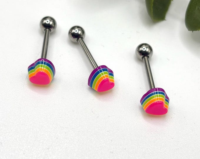 B16 Rainbow Heart Pride Tongue Bar – Surgical Steel – LGBTQ+ Body Jewellery – Ostara Jewellery