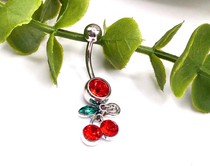 Cute Cherry Heart Navel Piercing Belly Bar Jewellery Rockabillie 50s Surgical steel 316l Silver Dangle Unique