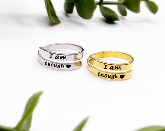 I am enough, Silver Ring, Adjustable Jewellery, Mental health, Stackable, Twist, Health, Womens Gift, Afformation Jewellery