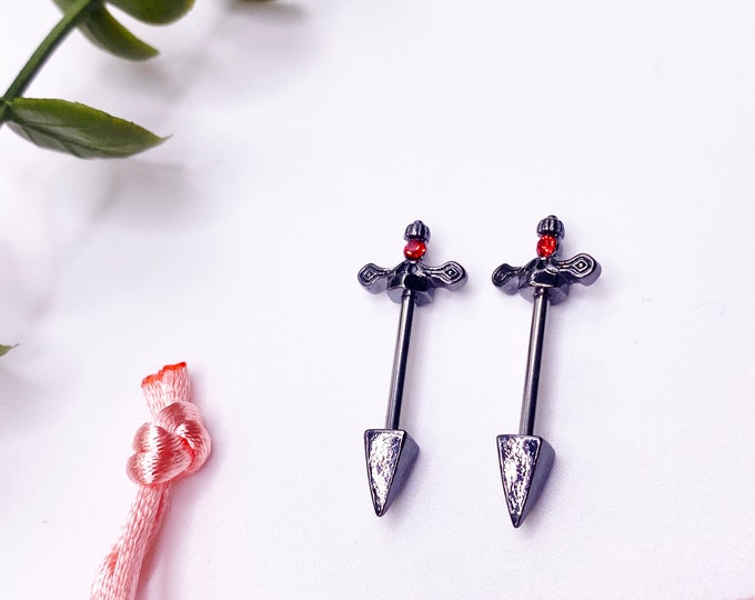A14 Dagger, Halloween, Red, Womens, Nipple, Piercing, Bar, Surgical Steal, Gothic, Gift, 316l, Jewellery, Dangle, Silver Body Art