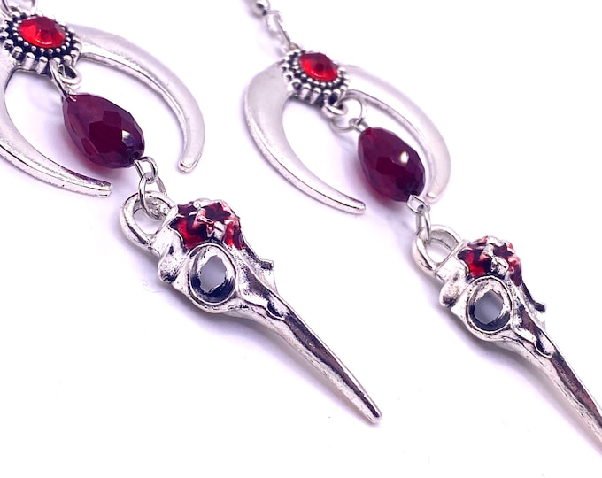 Halloween Earrings, Crow, Punky, Jewellery, Skull, Bird, Fun, Statement, Quirky, Harajuku, Skeleton, Gothic, Dead, Fossil, Blood Stone