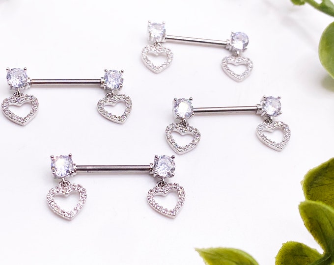 A11 Heart Bling, dimonte, Womens, Nipple, Piercing, Bar, Surgical Steal, Feminine , Gift, 316l, Jewellery, Dangle, Silver