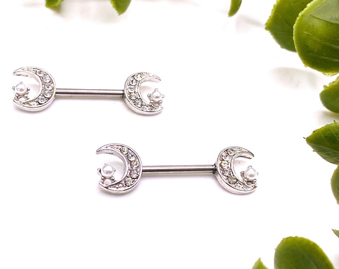 A27 Luna, Womens, Nipple Bar, Piercing, Bar, Surgical Steal, Moon, Gift, 316l, Jewellery, Bling, Pearl