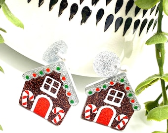 E15 Plastic Christmas Ginger Bread House xmas earrings jewellery Santa Festive Fun Cute Jewellery Glitter