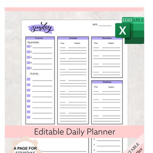 Daily Planner Printable Spreadsheet | Editable Productivity Day Planner | Printable Template | Pdf, Excel |  Colorful Productivity planner