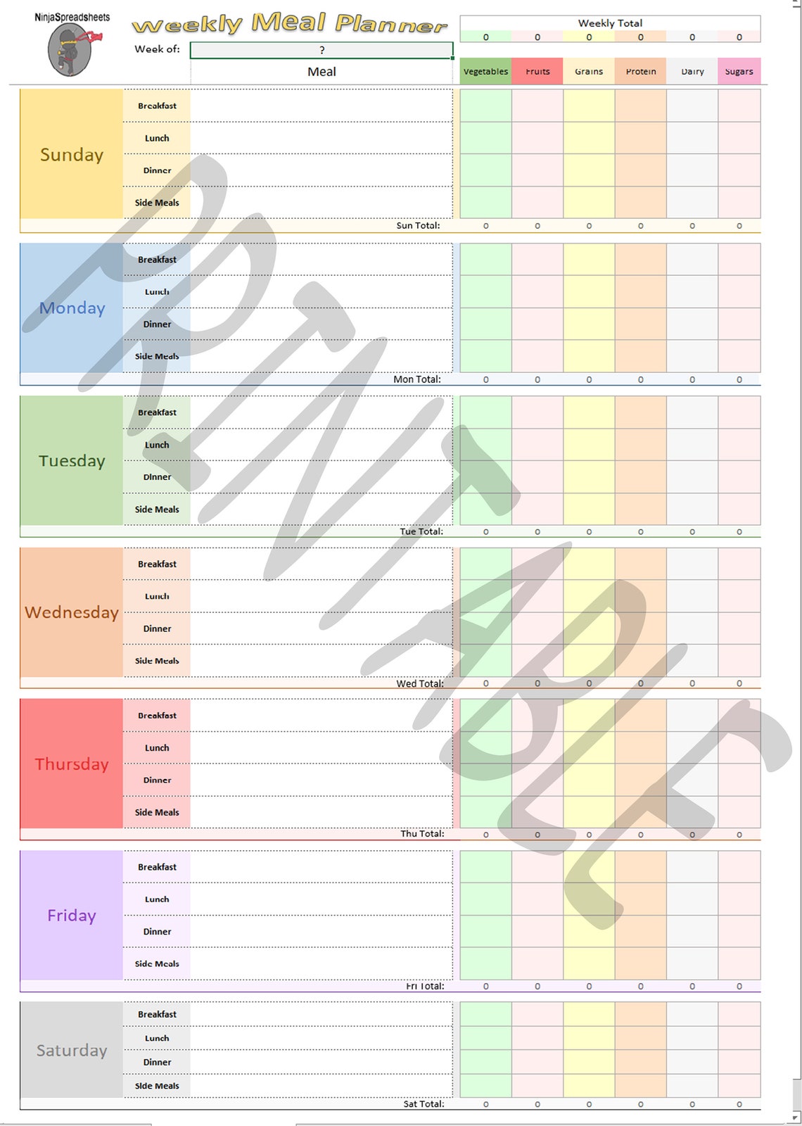 Rainbow Weekly Meal Planner - Printable Excel Template | Daily and ...
