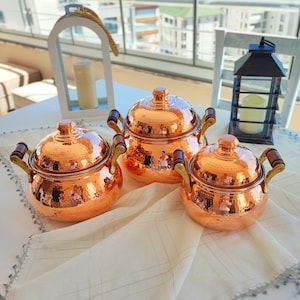 Copper cooking pot set of 3, handmade pure copper casserole pot with lid ,copper pan set,with wooden handles,anniversary gift, wedding gifts