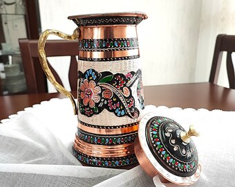 Jarra de cobre, jarra de cobre hecha a mano, jarra de cobre grabada, centro de mesa, decoración rústica para el hogar y la cocina, regalo para el nuevo hogar, jarra de agua