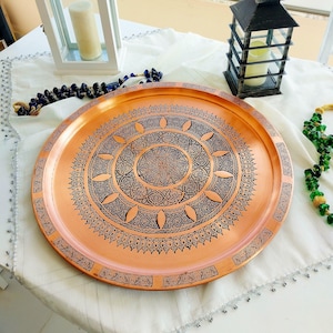 23 &#39;&#39;Kupfertablett, türkisches handgemachtes großes Kupfertablett, graviertes Kupfertablett, einzigartiges Wohnkultur, Hochzeitsgeschenk, rundes Kupfertablett, handgeschnitzt