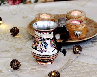 Tazza tradizionale turca,tazza di rame fatta a mano,boccale di birra in rame con manico,tazza con viste esotiche,set di rame per l'arredamento della casa,regalo per lei,10 oz
