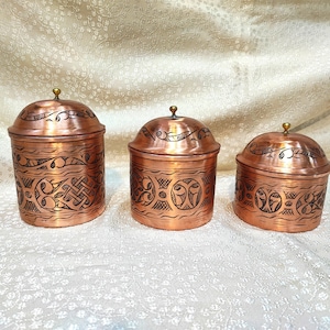 Copper canister set of 3,hand hammered copper spice bowls, copper storage box, unique kitchen decor, copper spice jar set, housewarming gift