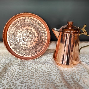 Copper oil bottle with copper tray,olive oil dispenser,copper kitchen decor,oil container, handmade copper pitcher, oil cruet, copper gifts