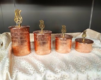 Set of 4 copper jar,handcrafted copper container,copper spice container set,kitchen canister set,copper storage box, home kitchen decoration