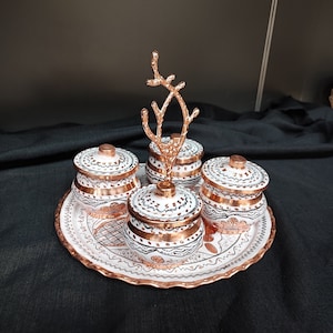 Copper sugar bowl set with tray,engraved copper spice jar set,unique home and kitchen decor,hand hammered copper spice canisters, home gifts