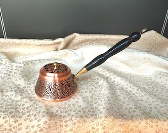 Copper incense burner,incense holder with wooden handle,handmade copper incense pot,unique home decor,table enterpiece,resin burner, for her