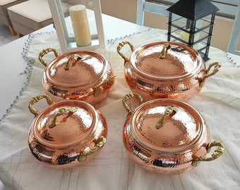 Pure copper cookware set of 4, handmade copper cooking pot set, high quality and thick hammered copper pots,kitchen decor, with brass handle