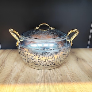 Solid copper pot,carved engraved copper cooking pot,cooking utensil,healthy cooking, with brass handles, handmade copper pot,copper cookware