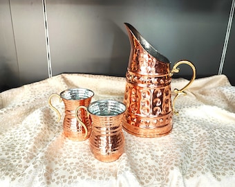 Pure copper pitcher and mug set,hand hammered copper jug,copper mug,handmade copper drinkware,kitchen decor,christmas gift,anniversary gifts