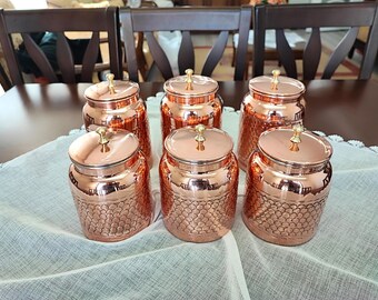 Copper canister set of 6,handmade copper canister,sugar coffee and tea canister,seasoning container, unique kitchen decor, anniversary gifts