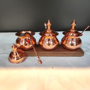 Handmade copper sugar canister,pure copper candy bowl,unique kitchen decor,sugar serving set, spice serving bowl, table centerpiece, for her