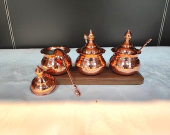 Handmade copper sugar canister,pure copper candy bowl,unique kitchen decor,sugar serving set, spice serving bowl, table centerpiece, for her