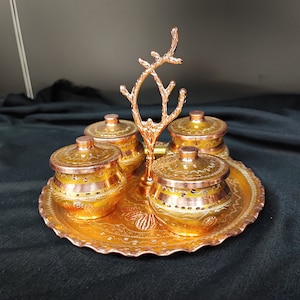 Copper sugar bowl set with tray,engraved copper spice jar set,unique home and kitchen decor,new home gift,anniversary gift,copper gift ideas