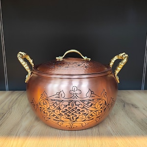 Pentola in rame fatta a mano, pentola in rame intagliata e incisa, utensile da cucina, padella in rame puro con manici in ottone, pentola in rame massiccio, regalo per la nuova casa